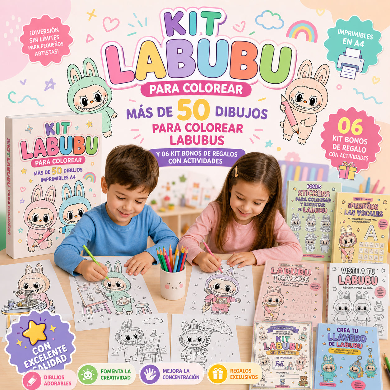 Kit Labubu para colorear niños de Wowo digital, actividades imprimibles en PDF con ilustraciones divertidas para niños.